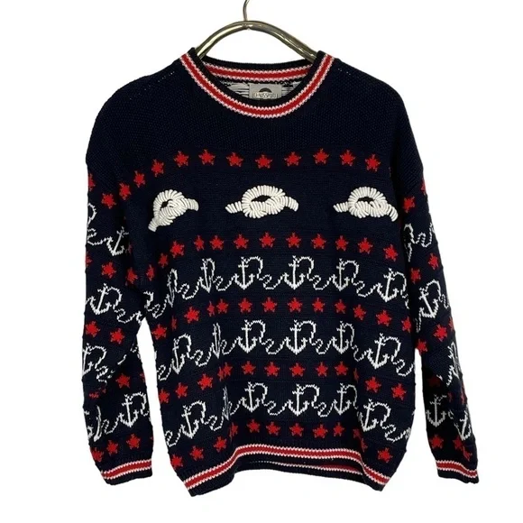 VINTAGE CHAUS SPORT NAUTICAL ANCHOR CREW NECK DROP SHOULDER CREW NECK SWEATER - Picture 3 of 14